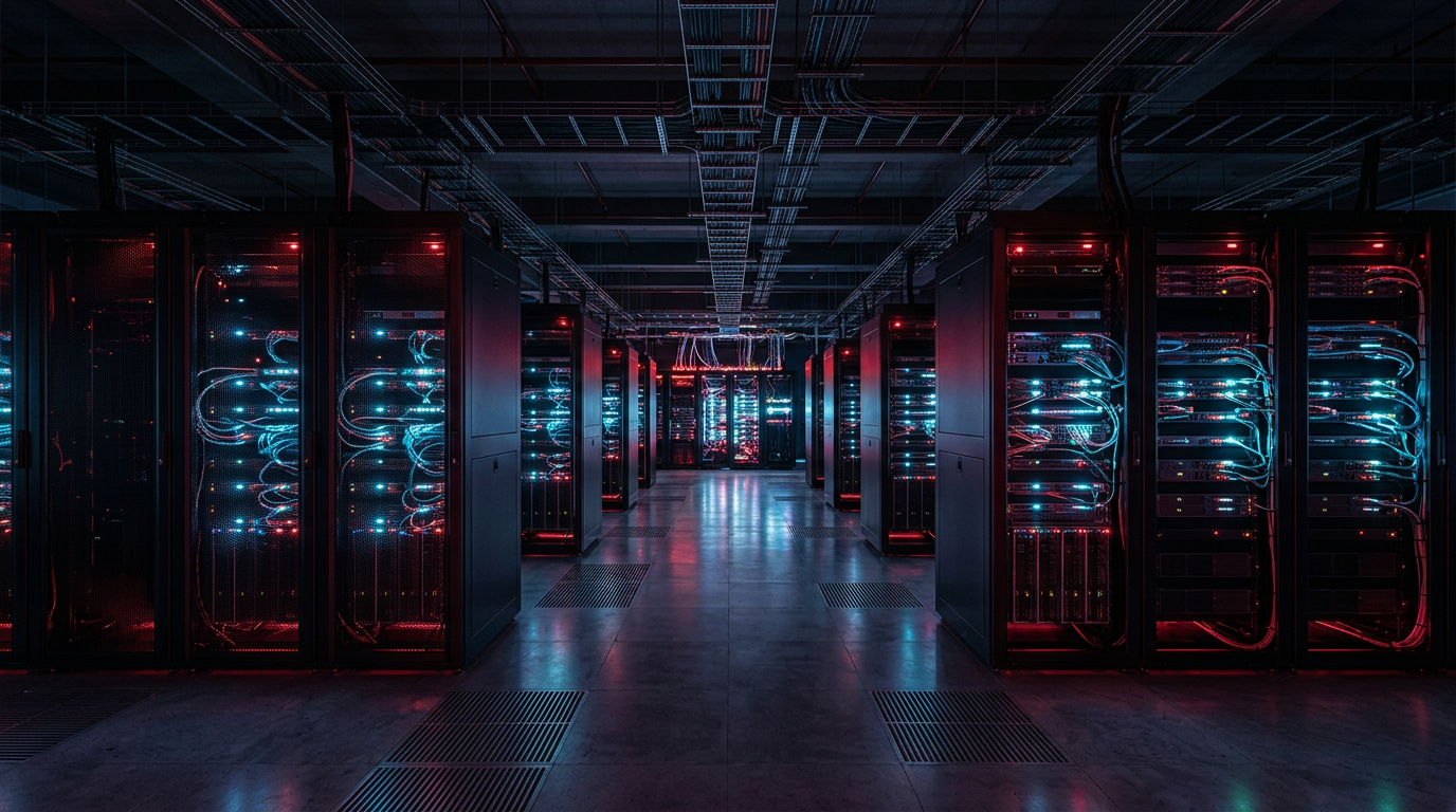 Abstract circuit board with red accent lighting representing high-throughput media systems