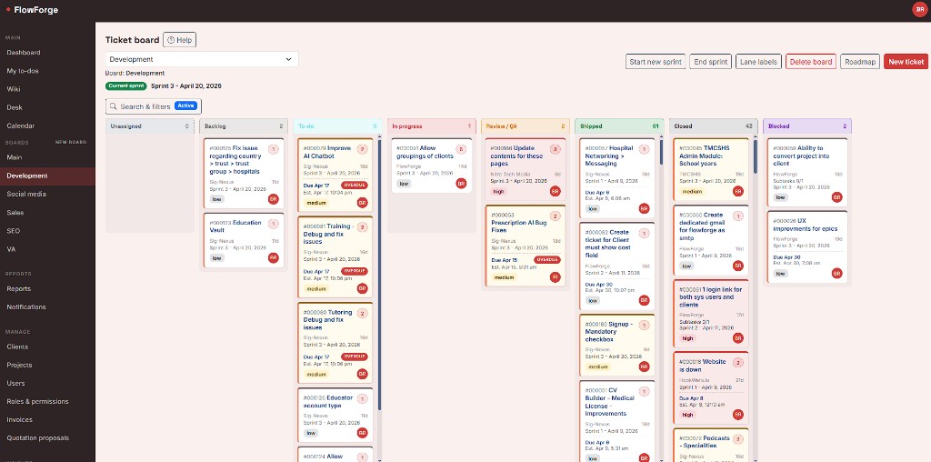 FlowForge Development ticket board: Kanban lanes from backlog to shipped with tickets and sprint controls
