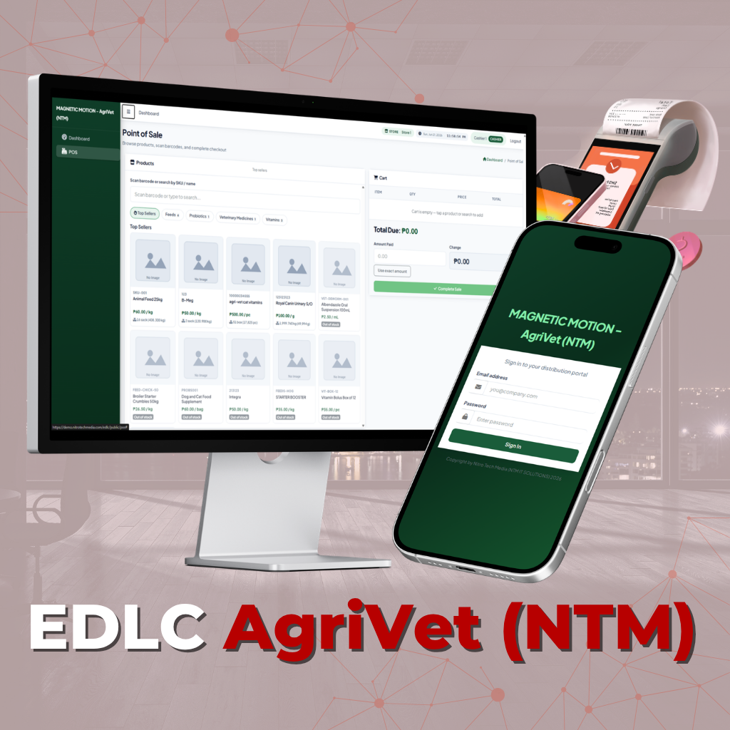 EDLC AgriVet POS on desktop, mobile distribution portal, and portable receipt printer