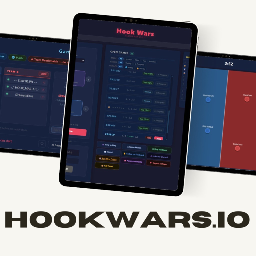 HookWars.io promotional mockup with tablets showing game lobby, menus, and live match UI