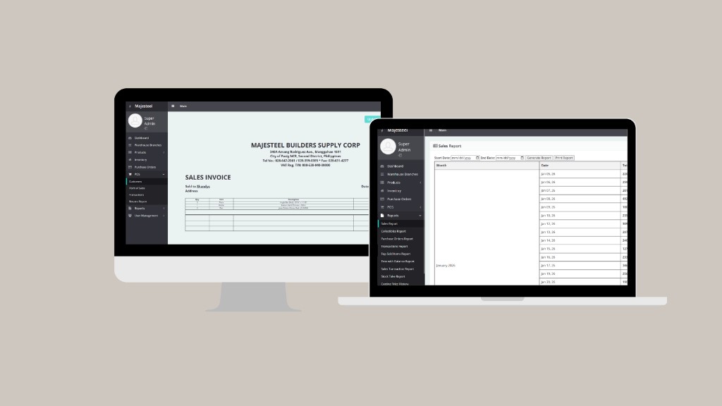 Majesteel Builders Supply mockup with monitor and laptop showing sales invoice and sales report